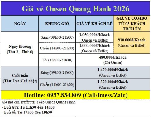 Giá vé Onsen Quang Hanh 2026