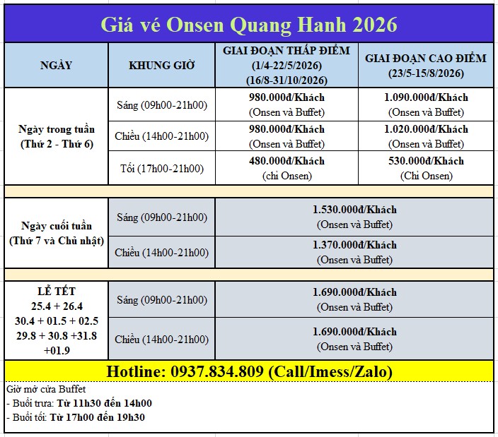 Giá vé Onsen Quang Hanh 2026